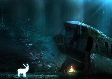 Anime-style HD desktop wallpaper of a glowing spirit deer by a campfire in a dark, mystical forest at night, capturing a serene and magical atmosphere.