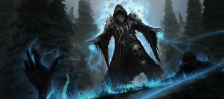 Dark undead sorcerer summoner in a hooded cloak conjures blue magic energy among eerie trees, skulls adorning his attire in this HD fantasy PC desktop wallpaper.