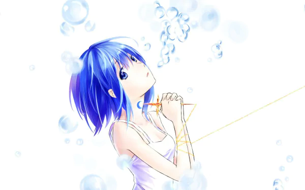 HD anime desktop wallpaper featuring Sayaka Miki from Puella Magi Madoka Magica, surrounded by translucent bubbles against a bright, minimalist background.