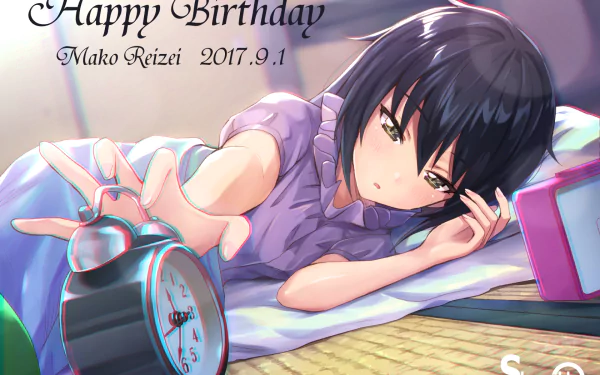HD anime wallpaper featuring Mako Reizei from Girls und Panzer reaching to stop an alarm clock, with a soft, detailed art style and birthday text overlay.