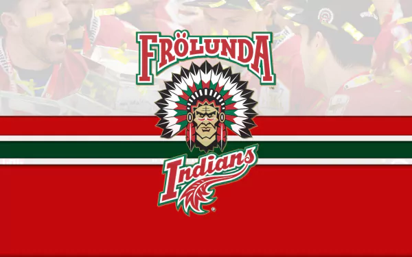HD desktop wallpaper featuring the Frölunda HC logo, prominently displaying the Frölunda Indians emblem against a red background. Tags include hockey, Frölunda Indians, Frölunda HC, and sports.