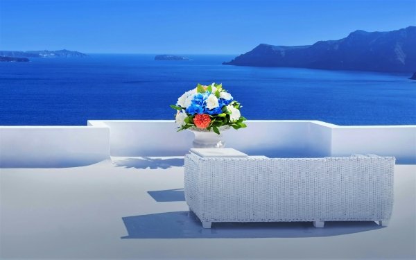 Man Made Santorini Towns Greece Ocean Sea Couch Flower Balcony Lounge Horizon HD Wallpaper | Background Image