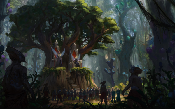 Fantasy People Forest Tree Sunlight HD Wallpaper | Background Image