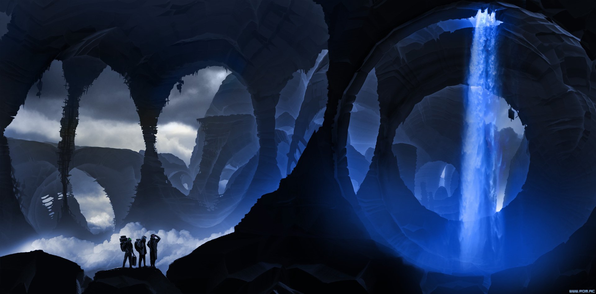 Underground post-apocalyptic scene from Romantically Apocalyptic comic, featuring a glowing waterfall cascading inside a vast cavern with silhouetted figures observing.