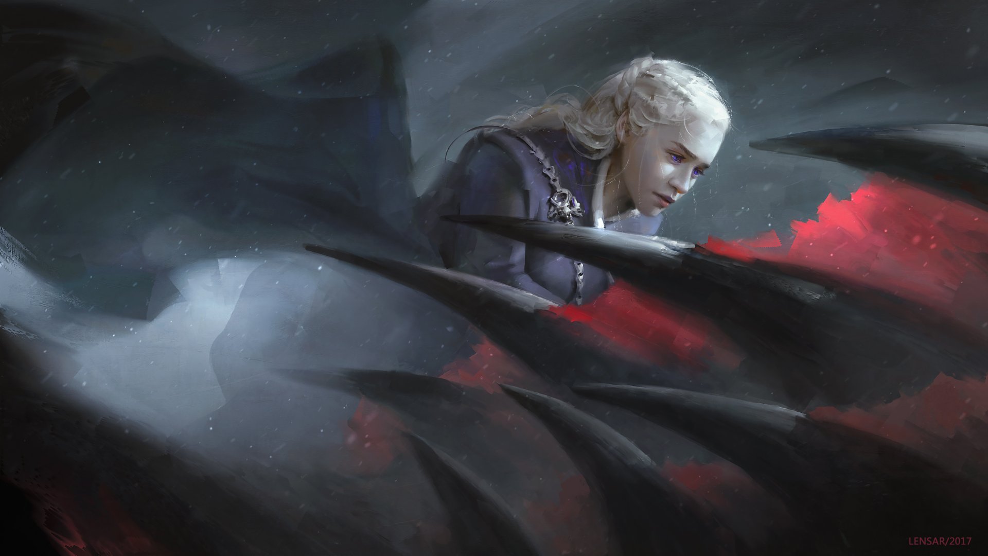 HD fantasy wallpaper featuring Daenerys Targaryen from Game of Thrones with white hair and purple eyes, beside a dragon. The atmospheric background enhances the dramatic effect.