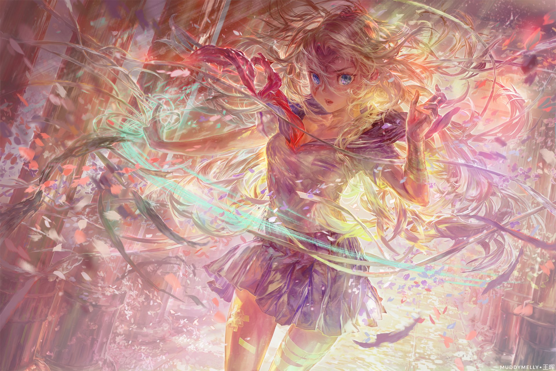 HD PC desktop wallpaper featuring Sakura Ōgami from the anime Danganronpa, surrounded by vibrant, swirling colors and dynamic light effects.