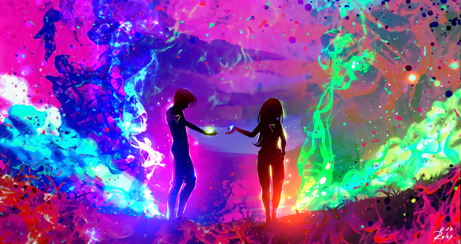 An artistic fantasy wallpaper featuring a couple surrounded by colorful light and smoke, capturing a mystical moment in vivid, high-definition detail.