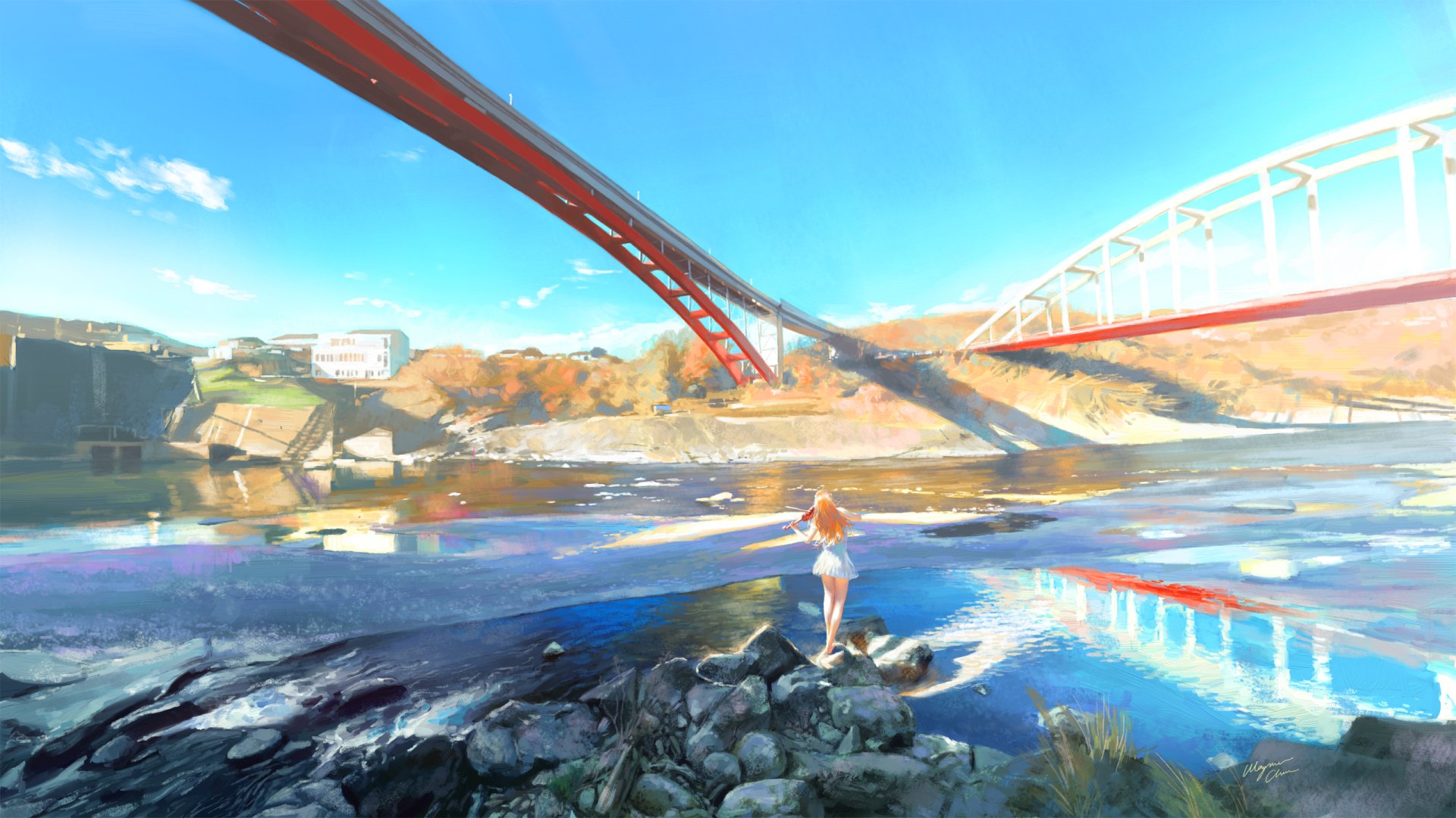Anime girl playing violin by a river under a red bridge, captured in vibrant colors as an HD PC desktop wallpaper and background.