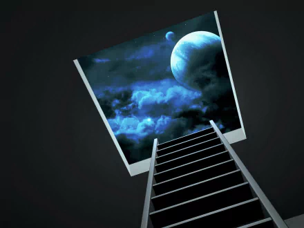 Artistic HD desktop wallpaper showing a ladder leading up through a dark space to a blue sky with clouds and a glowing planet.
