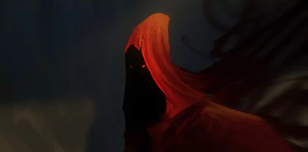 Macabre fantasy HD PC desktop wallpaper: an artistic shadowed hooded figure in a tattered crimson cloak with glowing eyes emerging from the dark.