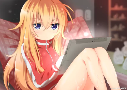 HD wallpaper featuring Gabriel Tenma White from the anime Gabriel DropOut, relaxing with a tablet in hand and seated comfortably against a checkered cushion background.