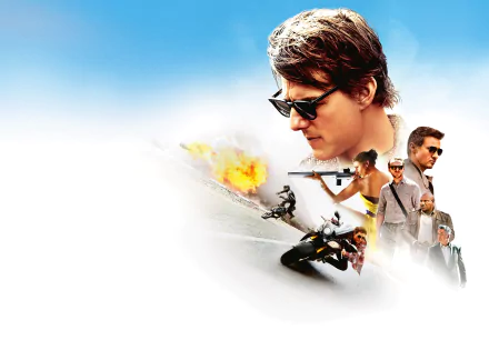 HD desktop wallpaper featuring Tom Cruise, Simon Pegg, Rebecca Ferguson, Jeremy Renner, and Ving Rhames from the movie Mission: Impossible - Rogue Nation with action-packed scenes and explosions.