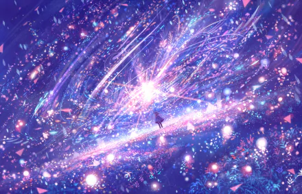 Anime-style HD desktop wallpaper featuring a figure with blue hair and a braid wielding a magic staff amidst a vibrant, colorful display of petals and light.