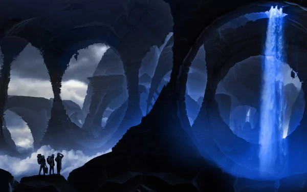 Underground post-apocalyptic scene from Romantically Apocalyptic comic, featuring a glowing waterfall cascading inside a vast cavern with silhouetted figures observing.