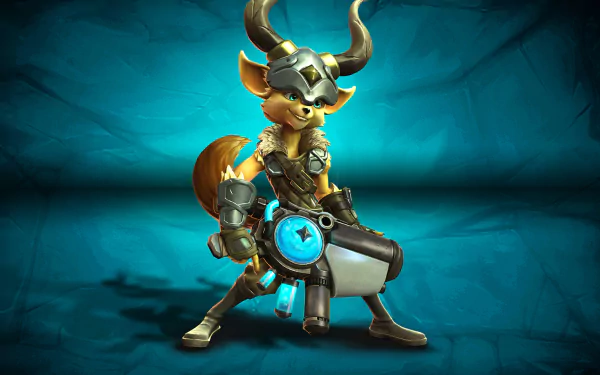 HD PC desktop wallpaper and background of a Paladins video game champion: armored fox-like character with horned helmet and glowing tech cannon against a teal cavern backdrop