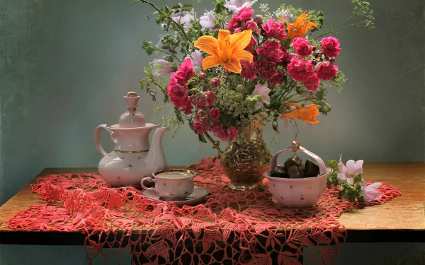 teapot yellow flower white flower pink flower candy chocolate saucer cup pitcher vase flower photography still life HD Desktop Wallpaper | Background Image