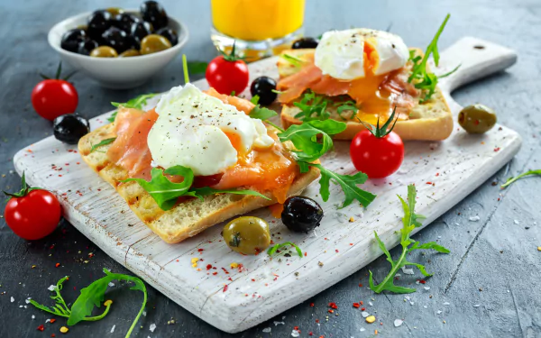 egg olive tomato salmon toast food still life HD Desktop Wallpaper | Background Image