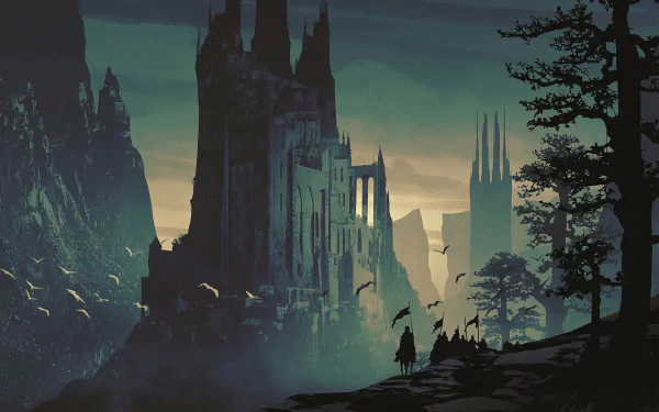 A fantasy HD desktop wallpaper featuring a majestic castle among mountains, with a horse rider under cloudy skies, birds flying, and trees framing the scene.