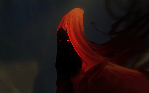 Macabre fantasy HD PC desktop wallpaper: an artistic shadowed hooded figure in a tattered crimson cloak with glowing eyes emerging from the dark.