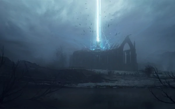 HD desktop wallpaper featuring a fantasy landscape with a dramatic beam of light emerging from an ancient, ruined structure among a misty, eerie scenery.