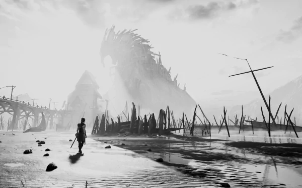 4K Ultra HD PC wallpaper of Senua from the video game Hellblade: Senua's Sacrifice, featuring a dark, atmospheric landscape with a towering, shadowy creature.