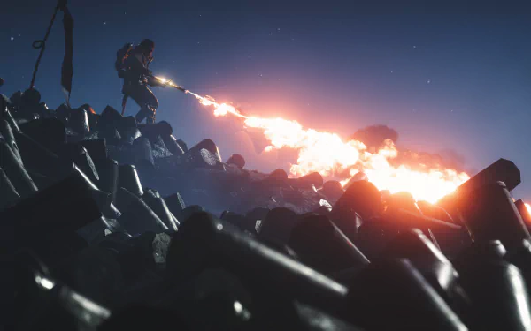 A Battlefield 1 soldier wields a flamethrower at night, captured in vivid 4K Ultra HD for a PC desktop wallpaper.