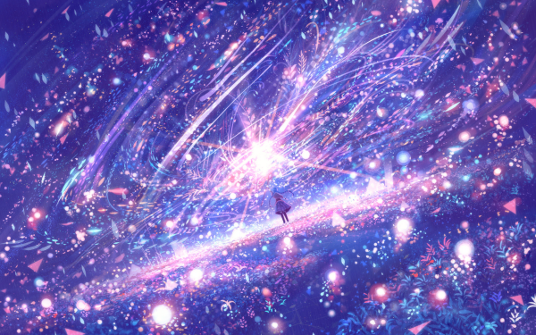 Anime Original Blue Hair Braid Magic Staff Petal Colorful HD Wallpaper | Background Image