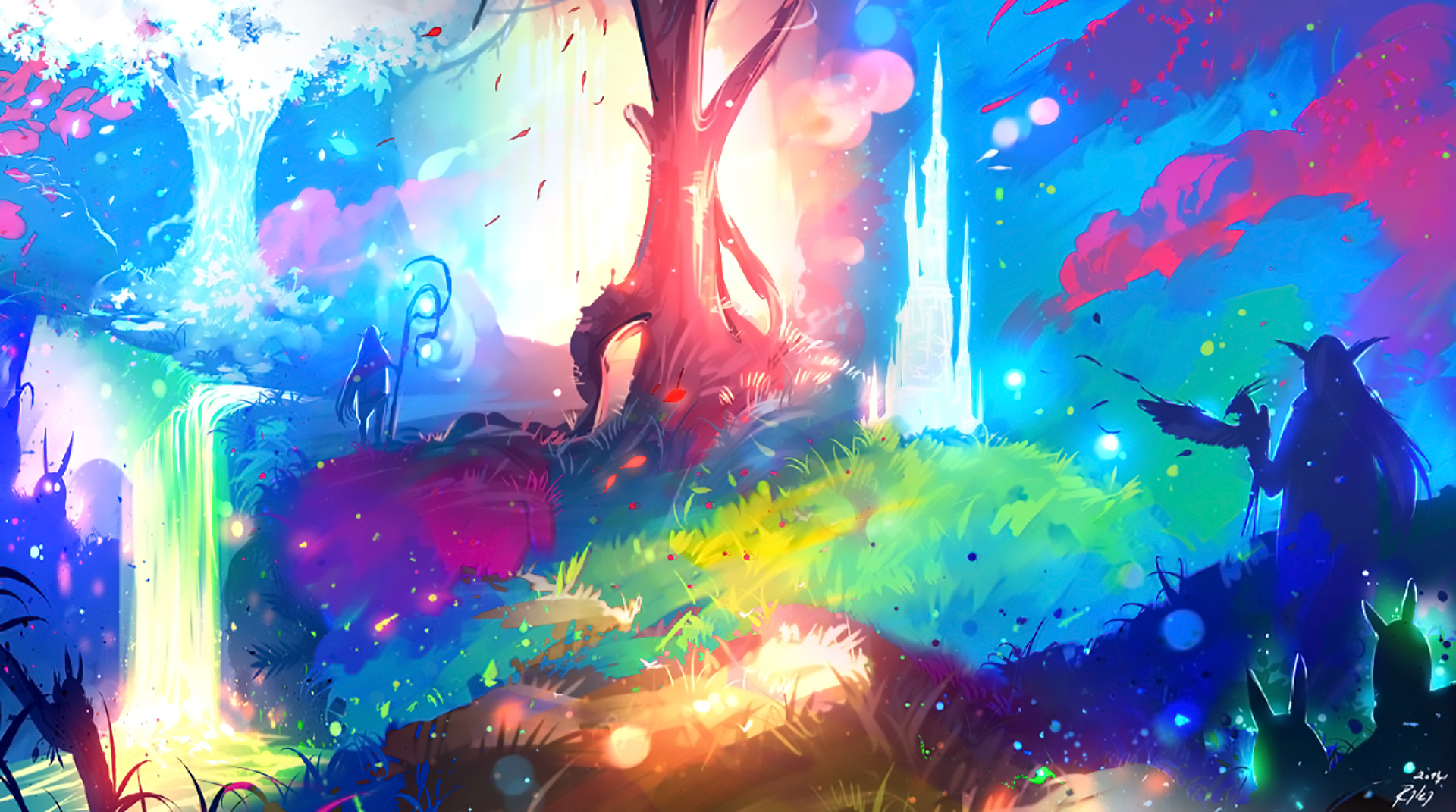 An HD fantasy landscape desktop wallpaper featuring a magical tree, a bunny, and a waterfall, all set against a vibrant and colorful background.