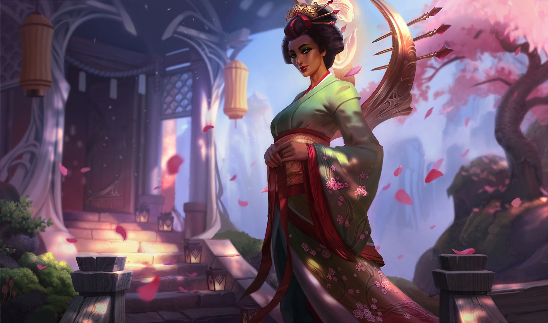 Karma from League of Legends in an elegant oriental kimono, standing amidst cherry blossoms in a serene, detailed 4K Ultra HD video game wallpaper.