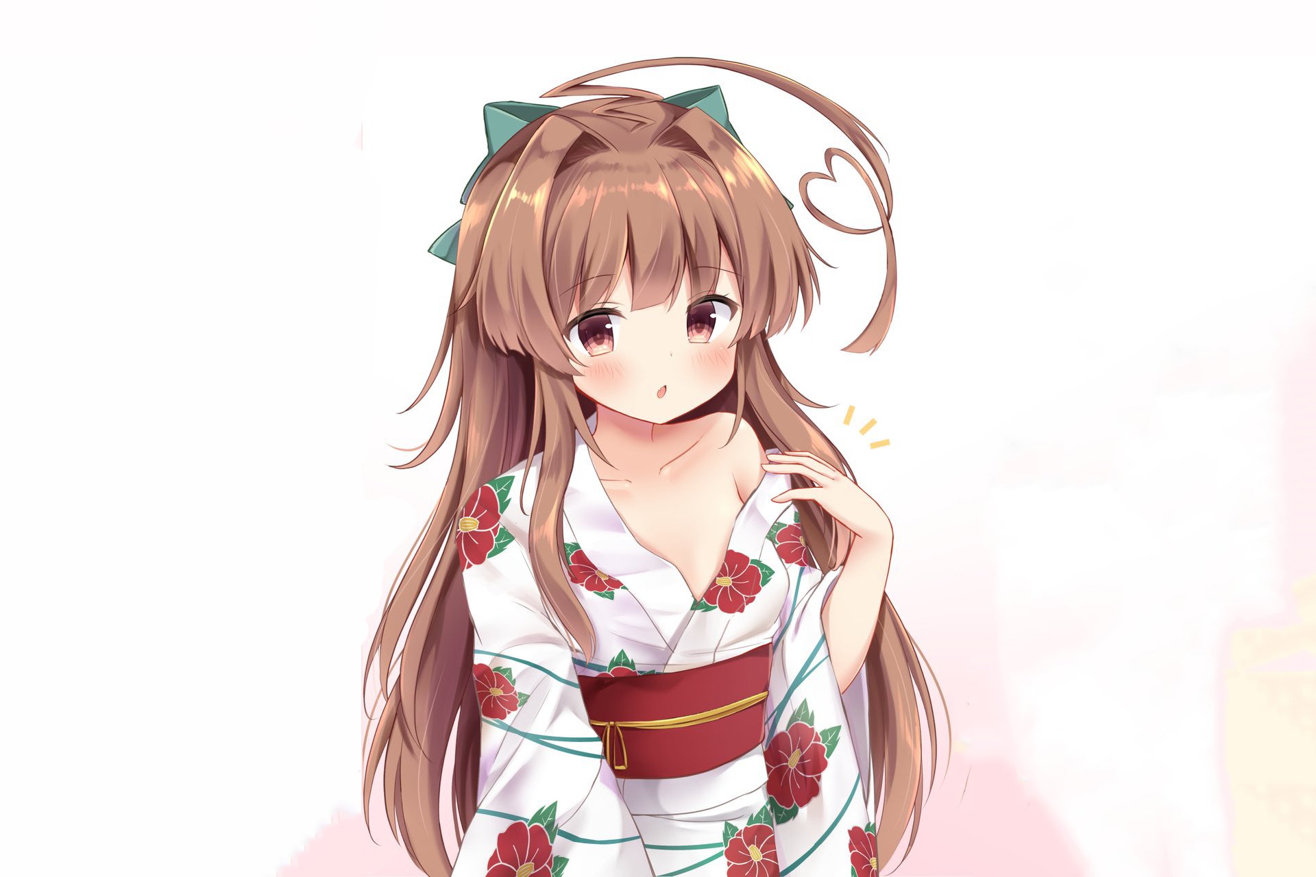 Kuma (Kancolle) from Kantai Collection — anime girl in floral kimono, long brown hair with ribbon and soft blush; HD PC desktop wallpaper/background.