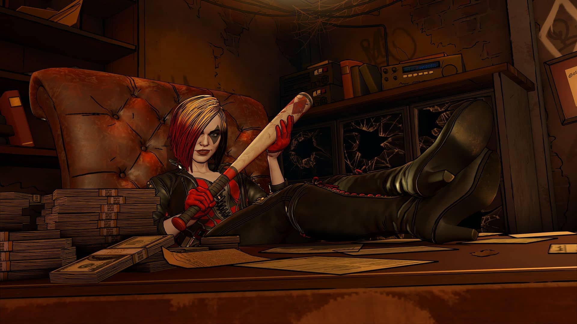 HD PC wallpaper featuring Harley Quinn from Batman - The Telltale Series, lounging with a baseball bat in a dimly lit, cluttered room.