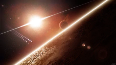 HD PC desktop wallpaper — Sci‑Fi planetscape: rugged planet horizon, distant glowing star, a smaller moon and streaking light flares across deep space.