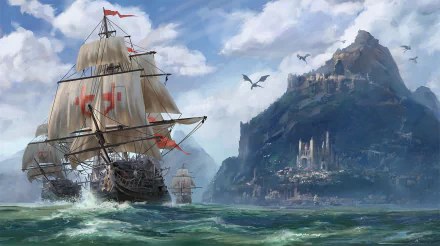HD wallpaper of a fantasy scene featuring a ship sailing near a mountainous island city with majestic buildings and flying creatures in the sky.
