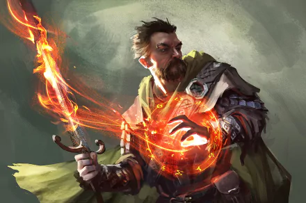 Fantasy warrior wielding a flaming sword, casting magical runes with intense focus, set against a dramatic backdrop in a high-definition PC desktop wallpaper.