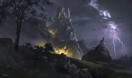 A moody fantasy landscape features a castle surrounded by dark clouds, illuminated by lightning, with a wolf standing on a rocky outcrop and trees silhouetted against the night sky.