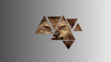 Artistic polyscape HD desktop wallpaper featuring a lion's face fragmented into geometric triangular shapes on a gradient gray background.
