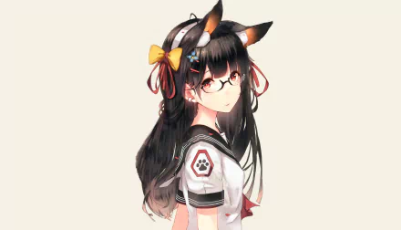 paw long hair black hair nekomimi glass red eyes school uniform Anime Original HD Desktop Wallpaper | Background Image