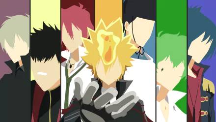 This HD desktop wallpaper features vibrant, stylized portraits of characters Giotto, Daemon Spade, Lampo, Ugetsu Asari, G., Knuckle, and Alaude from the anime Katekyō Hitman Reborn! in bold color blocks.