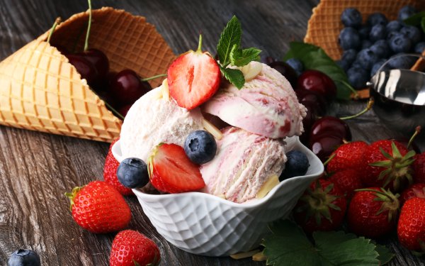 Food Ice Cream Still Life Waffle Cone Fruit Berry Cherry Strawberry Blueberry HD Wallpaper | Background Image
