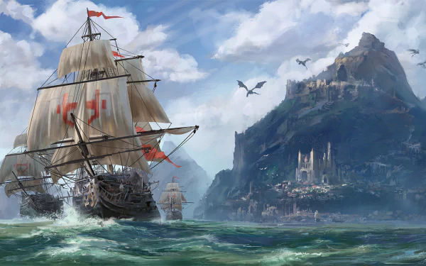 HD wallpaper of a fantasy scene featuring a ship sailing near a mountainous island city with majestic buildings and flying creatures in the sky.
