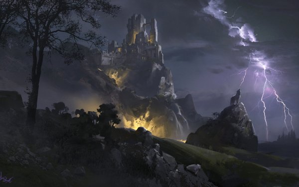 Fantasy Landscape Lightning Wolf Castle Tree Cloud Night HD Wallpaper | Background Image