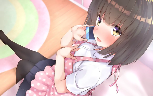 phone apron blush short hair thigh highs Anime Original HD Desktop Wallpaper | Background Image