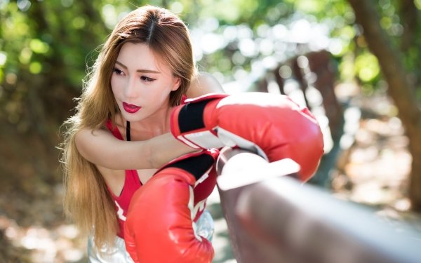 Sports Boxing Model Asian Bokeh Lipstick Depth Of Field Brunette Long Hair HD Wallpaper | Background Image