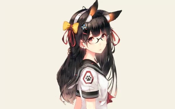 paw long hair black hair nekomimi glass red eyes school uniform Anime Original HD Desktop Wallpaper | Background Image