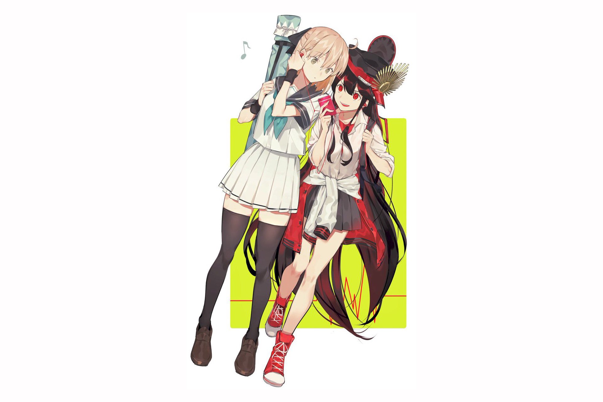 HD PC wallpaper of Fate/Grand Order's Oda Nobukatsu and Saber (Fate series): two anime girls, one in a white sailor outfit and thigh-highs, the other in black-red attire, neon yellow background.