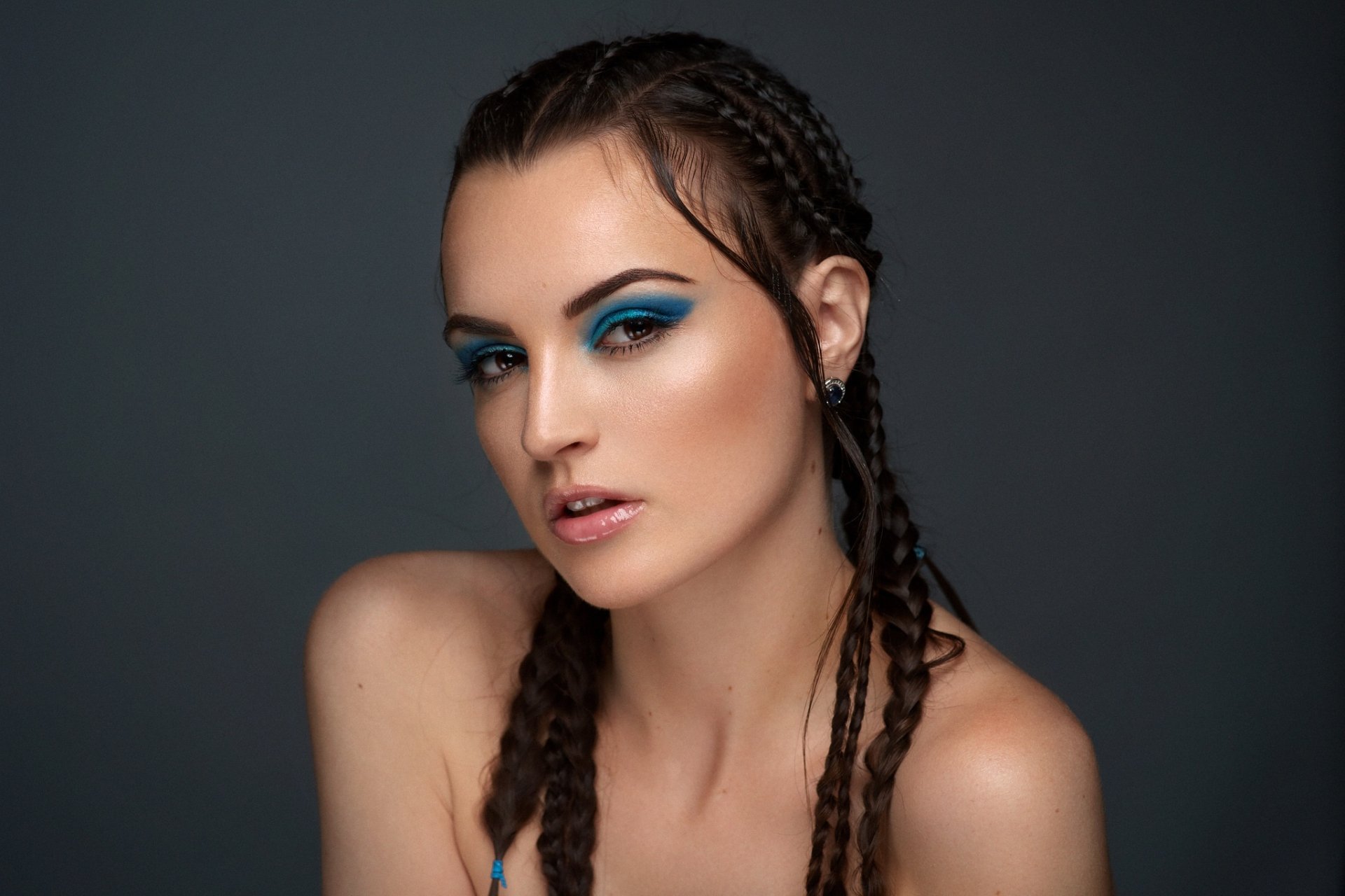 Download Makeup Braid Brown Eyes Brunette Face Woman Model HD Wallpaper