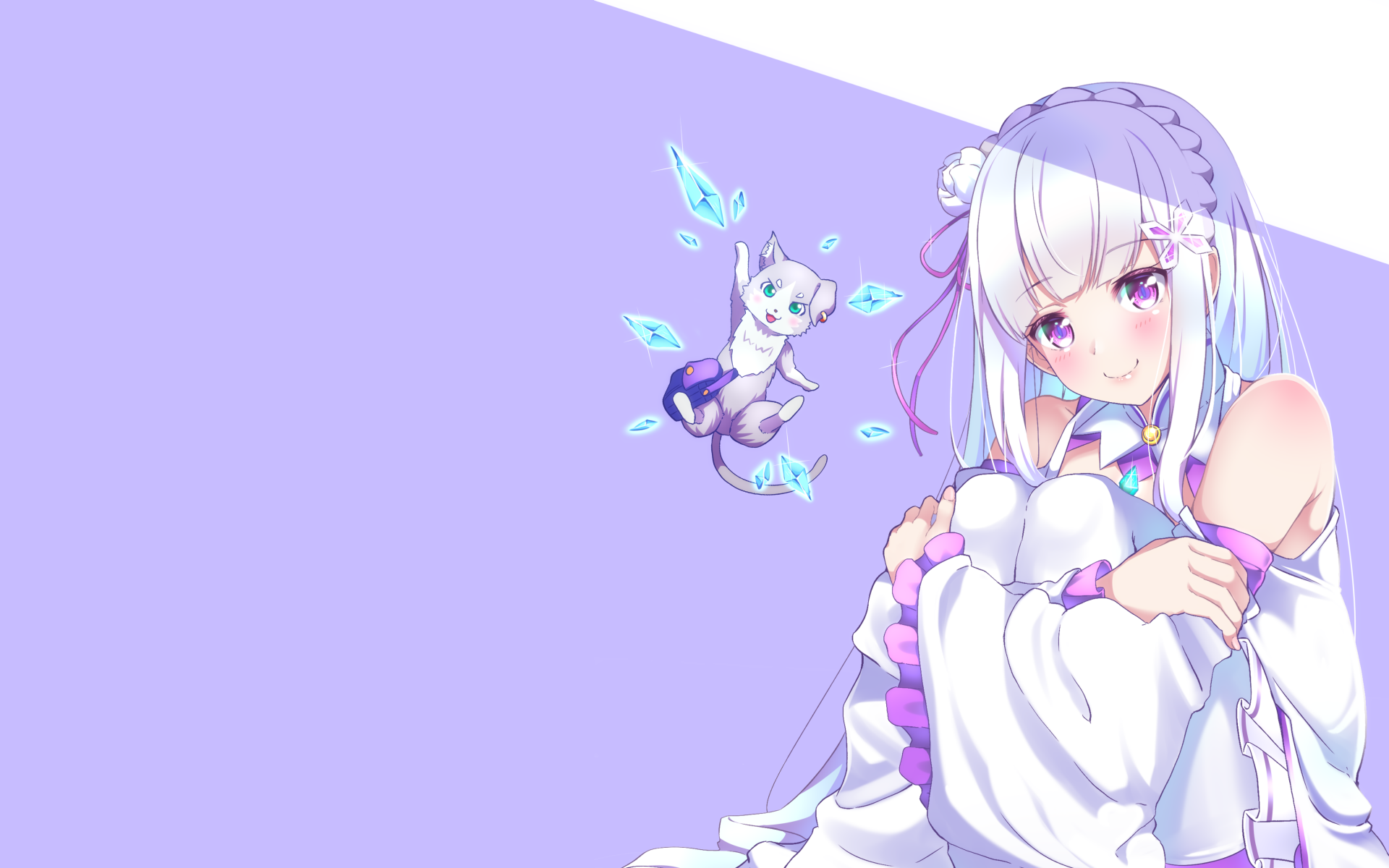 4K Ultra HD anime wallpaper featuring Emilia and Pack from Re:Zero - Starting Life in Another World, set against a soft purple background.