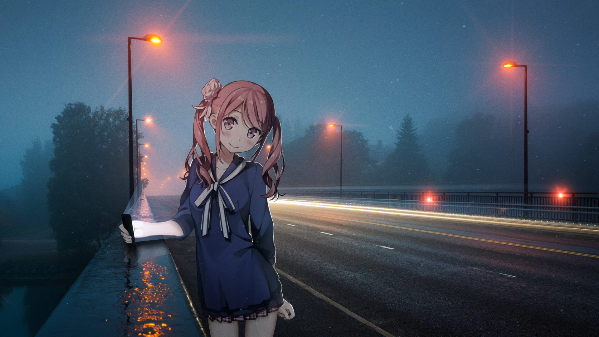 HD PC desktop wallpaper featuring an original anime character from 5 Nenme no Houkago standing on a dimly lit roadside at night with street lamps glowing in the background.