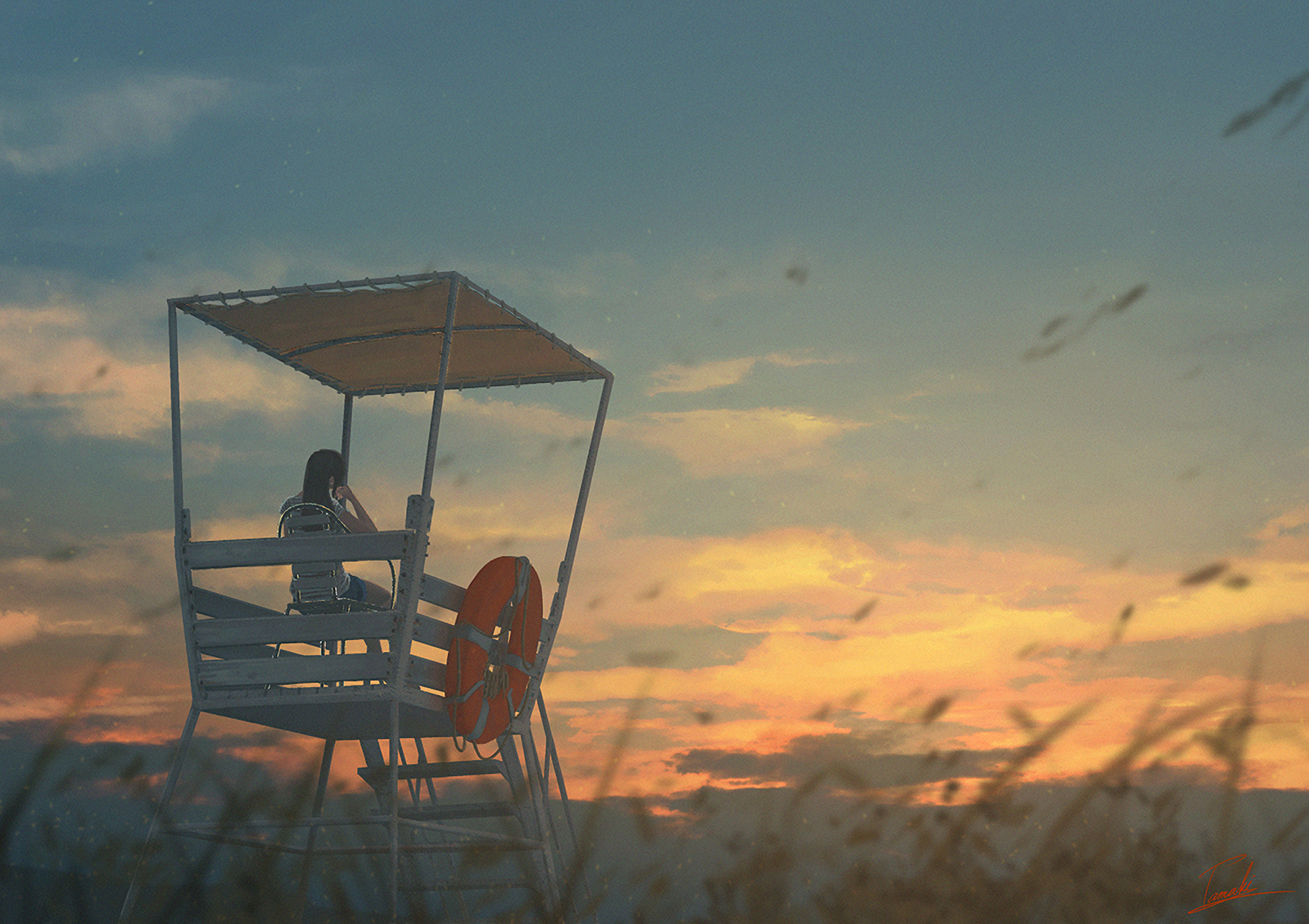 Anime original HD PC desktop wallpaper/background: lone figure sits on a lifeguard chair with an orange buoy, silhouetted against a golden sunset over grassy dunes and birds.
