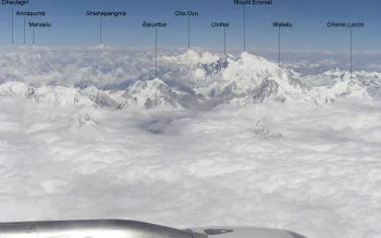 Aerial HD desktop wallpaper of the Himalaya range: snow‑capped peaks rising above clouds with labels for Annapurna, Shishapangma, Baruntse, Cho Oyu, Lhotse, Makalu, Mount Everest and Chomo Lonzo.